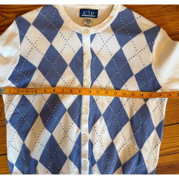 Vintage Prep Argyle Cardigan Sweater – Blue & White Sz M - Picture 5 of 5